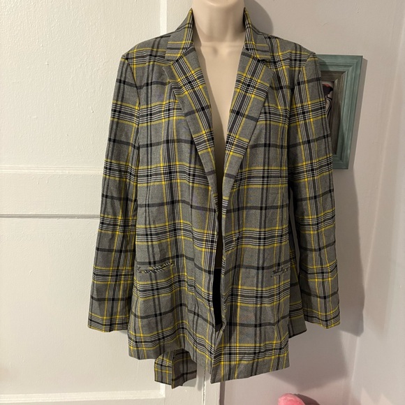 Ellen Tracy Yellow Grey Plaid Blazer Casual Trend Punk Grunge Belted - Picture 2 of 6